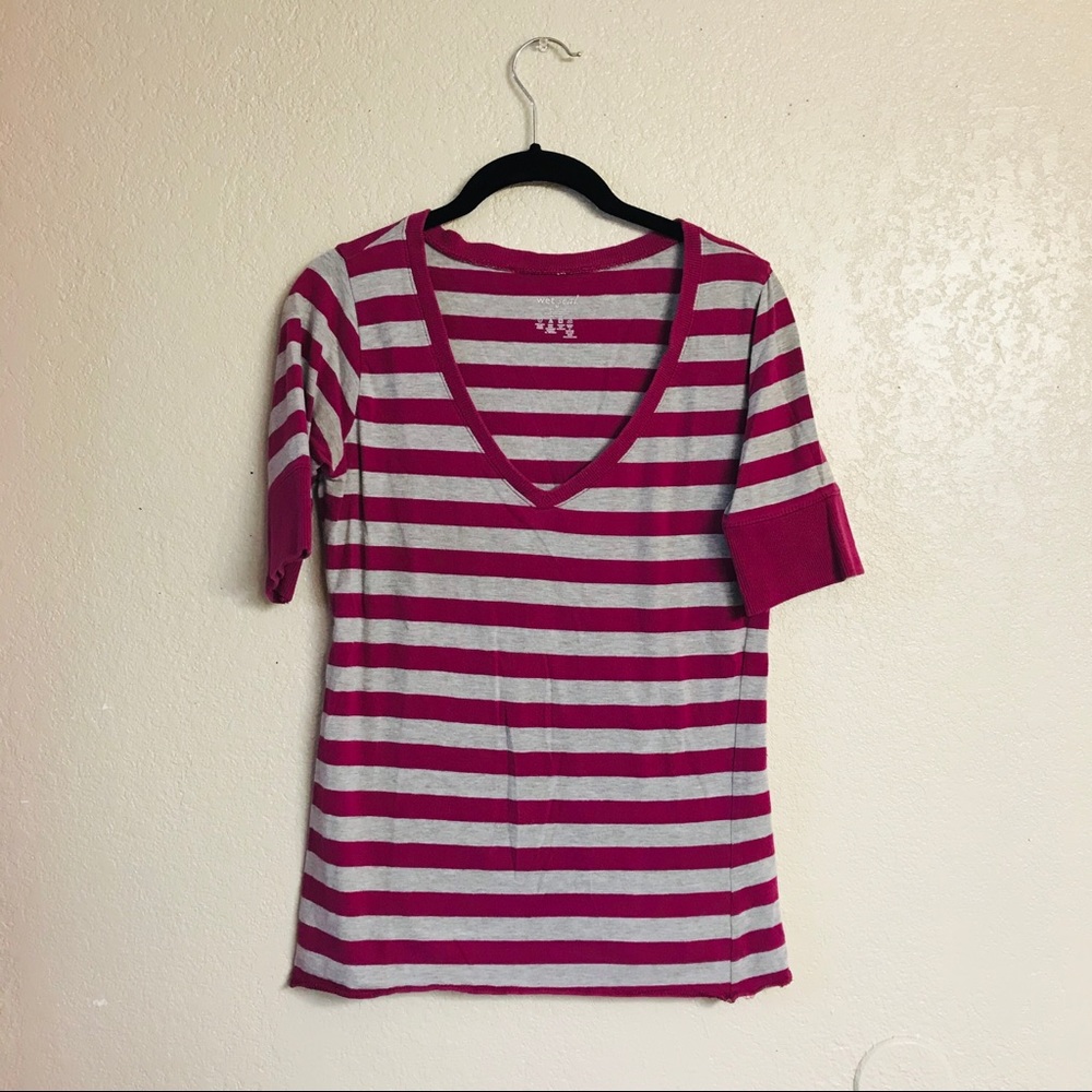 Wet Seal Burgundy/Grey Striped V-neck Blouse (M)